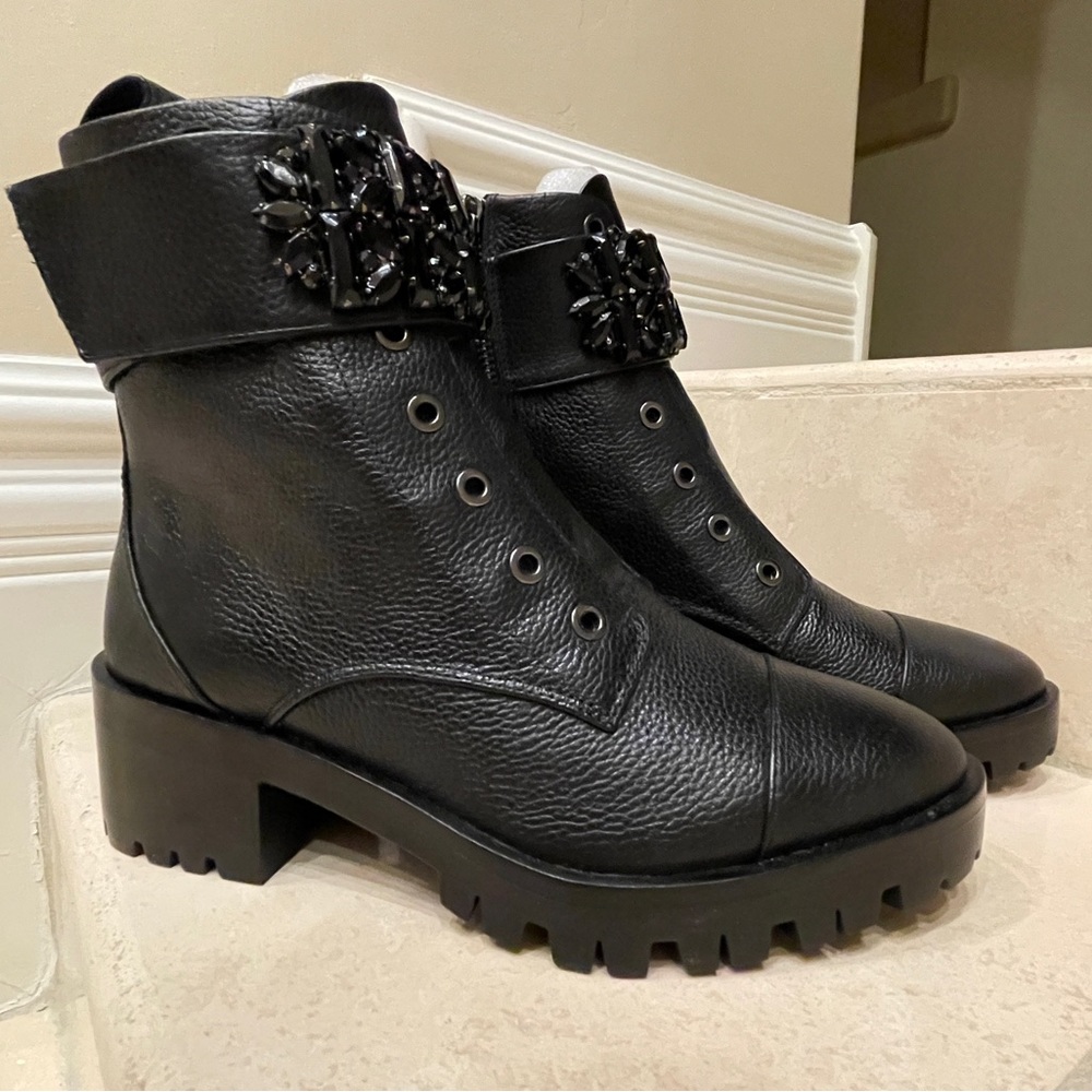 Karl Lagerfeld Paris Black Leather Combat Boots